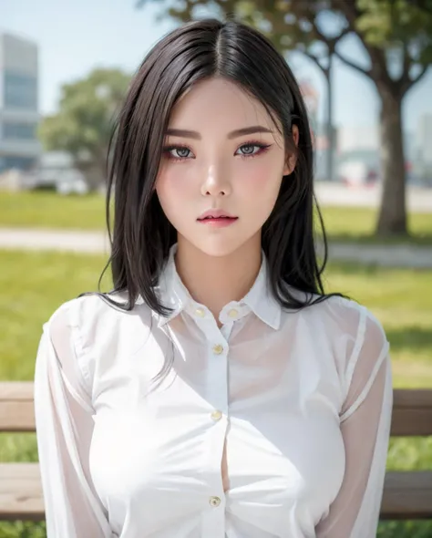 best quality, photorealistic, 8k, high res, full color, 1girl, woman, 20 years old woman, (closed mouth:1.93), (skindentation), (portrait:0.6), trees, park bench, daylight, ((park background:1.52)), full color, ((whitebuttonedshirt:1.58)), looking at viewer:1.8, (1girl eyes looking at viewer:1.55), (medium hair, brownhair, partedbangs:1.45), (bokeh), <lora:AAG-dukhwa:0.69>