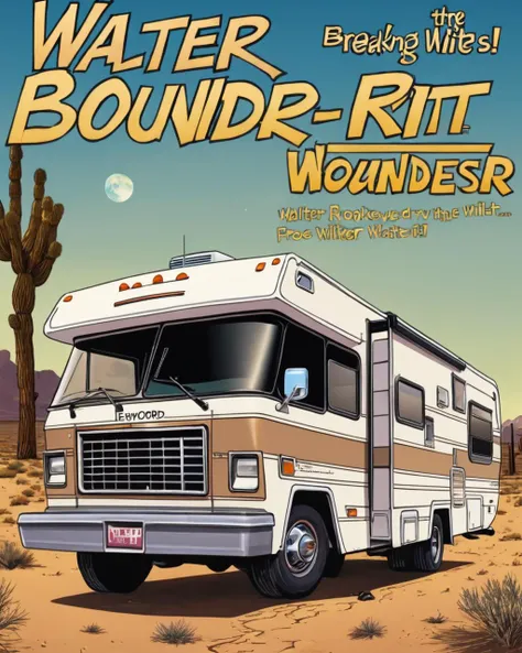 retr0magz, Fleetwood Bounder RV in the desert with walter white, breaking bad <lora:retr0magz_SDXL_v1_32:0.4>