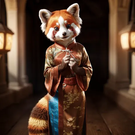 (beastwoman:1.5),humanoid,furry,(curvy:1.3),biomorphic,kawaii,Red panda_girl,breast,(standing posing:1.2),wearing traditional chinese clothing,silk robe,happy,cut face,kawaii face,large eyes,tired,realistic,masterpiece,high quality,high-definition,(realistic photo:1.1),stunning environment,soft fur,detailed paws