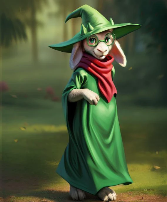 <lora:Furtastic_Detailer:1>, (( <lora:asriel-30:0.2>, <lora:asriel-20:0.2>, <lora:storyshiftAsriel_10:0.1>, <lora:ralsei:0.6>)), uploaded on e621, (fluffy), solo, , (goat), (red scarf, green robe, green wizard hat, green glasses), ((Ralsei)), plump, bara, smile, (pose:1.3), (posing:1.3), (soft shading), 4k, hi res, five fingers, paws, anthro, detailed hands, ((detailed face, (highly detailed eyes:1.0), detailed)), (hanging goat ears), realistic, hyper real, photography, fluffy, soft lighting ,(fluffy fur:1.1), realistic lighting, high quality, detailed face, ray traced, masterpiece, global illumination, photograph, photorealism, hyper real, full body
