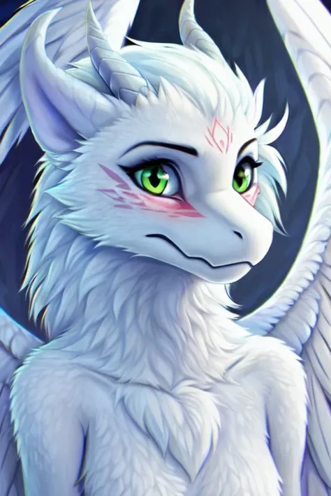 , solo, draconic, feathered wings, fur, anthro, hair, hi res, tuft, detailed, white fur, female, looking at viewer, green eyes, flat chest, horns, shy, patterned fur