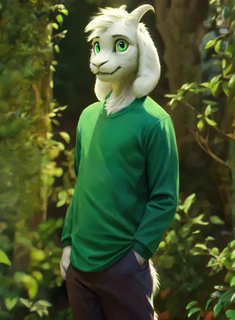 (( <lora:asriel-30:0.3>, <lora:asriel-20:0.2>, <lora:storyshiftAsriel_10:0.2>)),  (green t-shirt in yellow stripes, brown pants), realistic, hyper real, photography, fluffy, soft lighting ,(fluffy fur:1.1), realistic lighting, high quality, detailed face, ray traced, masterpiece, global illumination, photograph, photorealism, hyper real, (insane detailed eyes, green round shine eyes), Asriel, anthro, goat, paws, full body, child, anthro, photoshoot, (cartoon, cute),