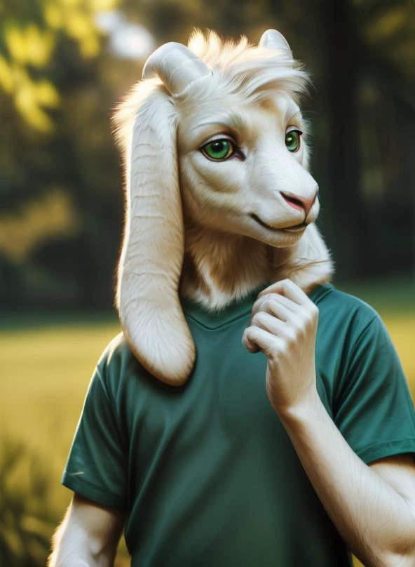 solo, mammal, 1boy, photo of a real life, (green t-shirt, brown pants, yellow stripes), fluffy, soft lighting ,(detailed fluffy fur:1.1), ((((realistic lighting, high quality, detailed face, ray traced, masterpiece, global illumination, photo, photorealism, hyper real)))), ( green round shine eyes), ((Asriel)), anthro, goat, paws, full body, child, anthro,
 <lora:Furtastic_Detailer:2>, <lora:tangbohu-detailmaker_v2.5:1>, <lora:locon_perfecteyes_v1_from_v1_64_32:1>