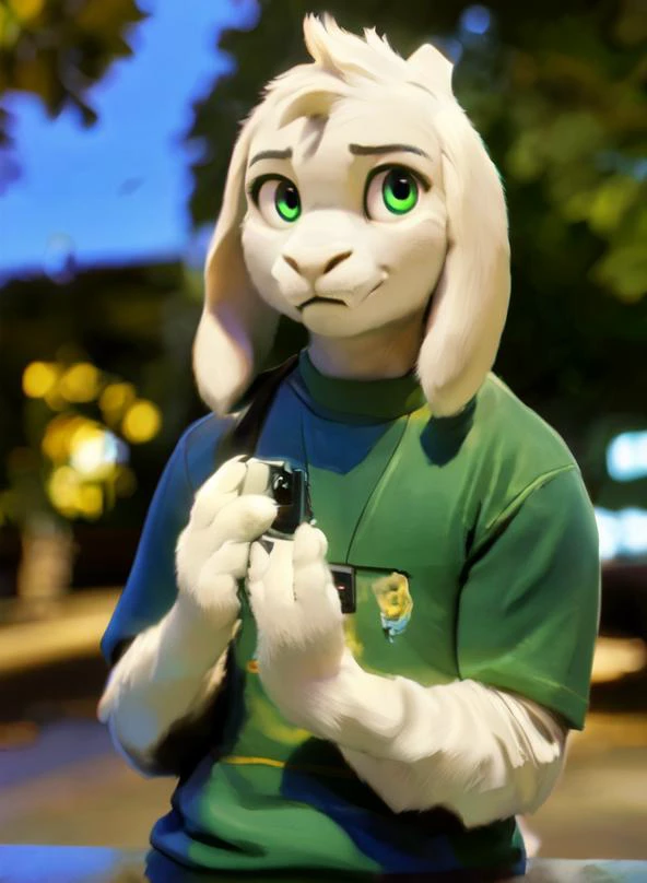 (( <lora:asriel-30:0.5>, <lora:asriel-20:0.4>, <lora:storyshiftAsriel_10:0.3>)),  (green t-shirt, brown pants, yellow stripes), realistic, hyper real, photography, fluffy, soft lighting ,(detailed fluffy fur:1.1), ((((realistic lighting, high quality, detailed face, ray traced, masterpiece, global illumination, photograph, photorealism, hyper real)))), ( green round shine eyes), Asriel, anthro, goat, paws, full body, child, anthro, photoshoot, (cartoon, cute)