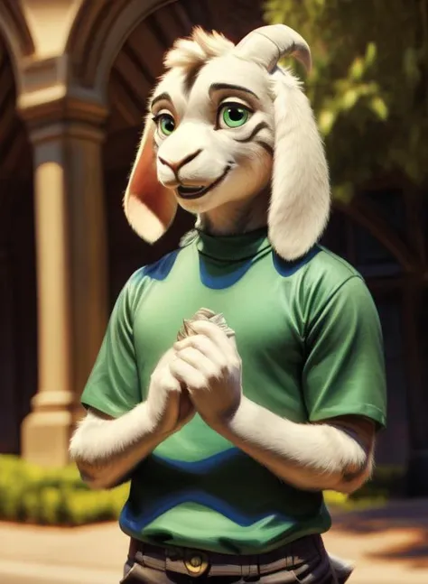 disney style, smile, (( <lora:asriel-30:0.3>, <lora:asriel-20:0.2>, <lora:storyshiftAsriel_10:0.2>)), solo, mammal, 1boy, photo of a real life, (green t-shirt, brown pants, yellow stripes), fluffy, soft lighting ,(detailed fluffy fur:1.1), ((((realistic lighting, high quality, detailed face, ray traced, masterpiece, global illumination, photo, photorealism, hyper real)))), ( green round shine eyes), ((Asriel)), anthro, goat, paws, full body, child, anthro, cute, cartoon
 <lora:Furtastic_Detailer:2>, <lora:tangbohu-detailmaker_v2.5:1>, <lora:locon_perfecteyes_v1_from_v1_64_32:1>