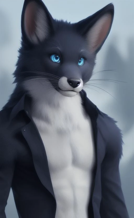 , mammal, anthro, solo, male, clothing, blurred background, canid, fur, canine, topwear, blue body, detailed, clothed, hi res, whiskers, black nose, canis, fangs, outside, blue fur, shirt, white body