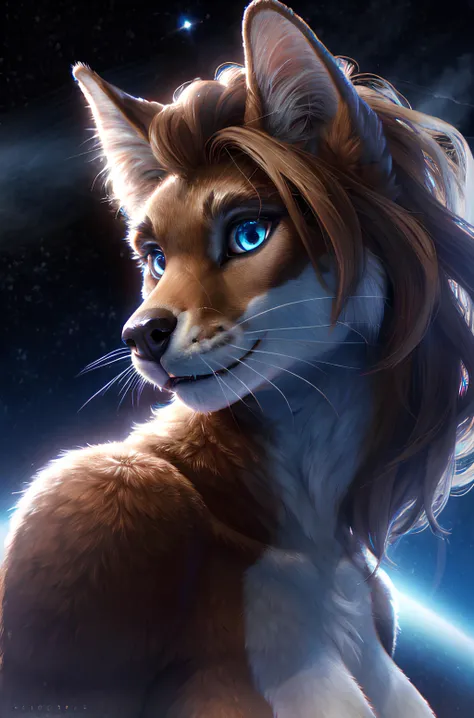 , solo, mammal, whiskers, fur, star, space, anthro, hair, hi res, tuft, detailed, brown fur, woman, brown body, looking at viewer, sky, <lora:detailed_eye:1>, detailed eyes