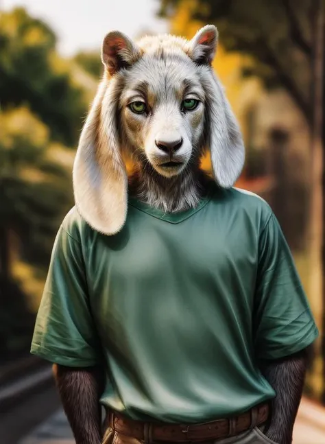 solo, mammal, 1boy, photo of a real life, (green t-shirt, brown pants, yellow stripes), fluffy, soft lighting ,(detailed fluffy fur:1.1), ((((realistic lighting, high quality, detailed face, ray traced, masterpiece, global illumination, photo, photorealism, hyper real)))), ( green round shine eyes), ((Asriel)), anthro, goat, paws, full body, child, anthro,
 <lora:Furtastic_Detailer:3>, <lora:tangbohu-detailmaker_v2.5:1>, <lora:locon_perfecteyes_v1_from_v1_64_32:1>