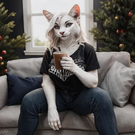 (anthro) cat, female, detailed, photograph, soft white fur
female, anthro ,  looking at viewer , clothed, smirk,  female,   high quality, sitting on couch, holding coffee cup
<lora:Furtastic_Detailer:1>