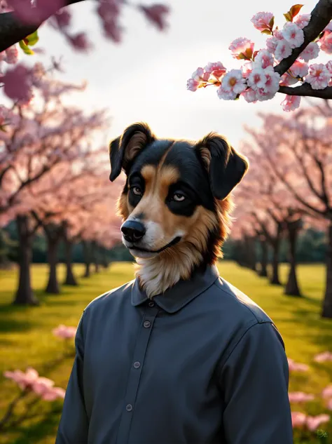 UHD, 4K, a photograph of a radiant dog in an enchanting apple orchard, he is bathed in soft golden light and surrounded by cascading pink blossoms, lost in serene contemplation