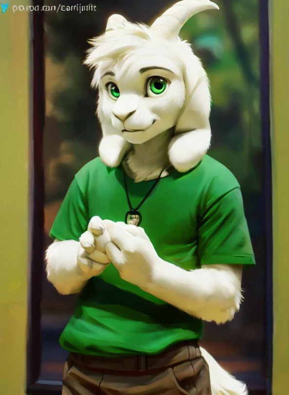 (( <lora:asriel-30:0.3>, <lora:asriel-20:0.2>, <lora:storyshiftAsriel_10:0.2>)), (green t-shirt, brown pants, yellow stripes), realistic, hyper real, photography, fluffy, soft lighting ,(fluffy fur:1.1), realistic lighting, high quality, detailed face, ray traced, masterpiece, global illumination, photograph, photorealism, hyper real, ( green round shine eyes), Asriel, anthro, goat, paws, full body, child, anthro, photoshoot, (cartoon, cute),