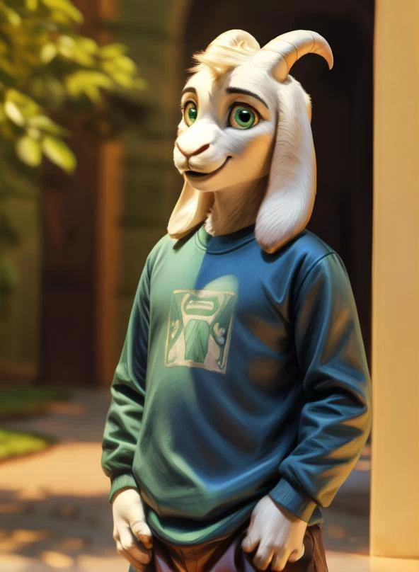 disney style, smile, (( <lora:asriel-30:0.3>, <lora:asriel-20:0.2>, <lora:storyshiftAsriel_10:0.2>)), solo, mammal, 1boy, photo of a real life, (green t-shirt, brown pants, yellow stripes), fluffy, soft lighting ,(detailed fluffy fur:1.1), ((((realistic lighting, high quality, detailed face, ray traced, masterpiece, global illumination, photo, photorealism, hyper real)))), ( green round shine eyes), ((Asriel)), anthro, goat, paws, full body, child, anthro, cute, cartoon
 <lora:Furtastic_Detailer:2>, <lora:tangbohu-detailmaker_v2.5:1>, <lora:locon_perfecteyes_v1_from_v1_64_32:1>