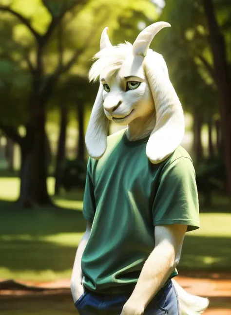 solo, 1boy, photo of a real life, (green t-shirt, brown pants, yellow stripes), fluffy, soft lighting ,(detailed fluffy fur:1.1), ((((realistic lighting, high quality, detailed face, ray traced, masterpiece, global illumination, photo, photorealism, hyper real)))), ( green round shine eyes), ((Asriel)), anthro, goat, paws, full body, child, anthro,
 <lora:Furtastic_Detailer:1>, <lora:tangbohu-detailmaker_v2.5:1>, <lora:locon_perfecteyes_v1_from_v1_64_32:1>