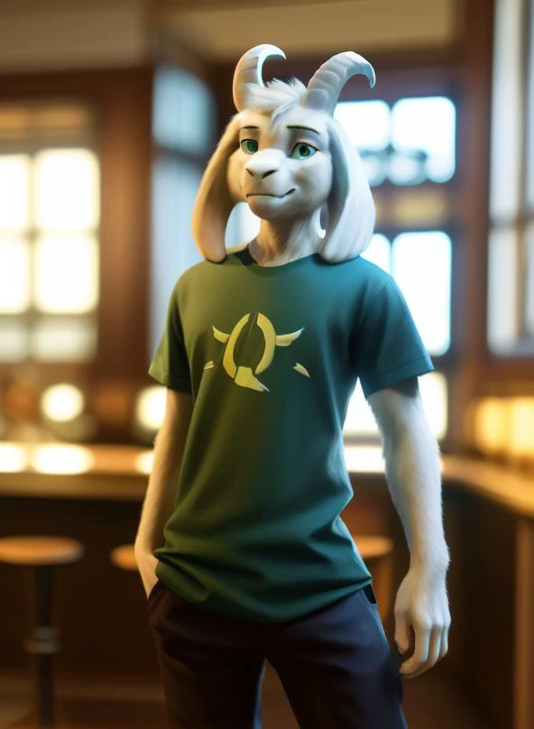 solo, 1boy, photo of a real life, (green t-shirt, brown pants, yellow stripes), fluffy, soft lighting ,(detailed fluffy fur:1.1), ((((realistic lighting, high quality, detailed face, ray traced, masterpiece, global illumination, photo, photorealism, hyper real)))), ( green round shine eyes), ((Asriel)), anthro, goat, paws, full body, child, anthro