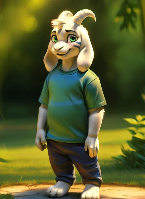 disney style, smile, (( <lora:asriel-30:0.3>, <lora:asriel-20:0.2>, <lora:storyshiftAsriel_10:0.2>)), solo, mammal, 1boy, photo of a real life, (green t-shirt, brown pants, yellow stripes), fluffy, soft lighting ,(detailed fluffy fur:1.1), ((((realistic lighting, high quality, detailed face, ray traced, masterpiece, global illumination, photo, photorealism, hyper real)))), ( green round shine eyes), ((Asriel)), anthro, goat, paws, full body, child, anthro, cute, cartoon
 <lora:Furtastic_Detailer:1>, <lora:tangbohu-detailmaker_v2.5:1>, <lora:locon_perfecteyes_v1_from_v1_64_32:1>