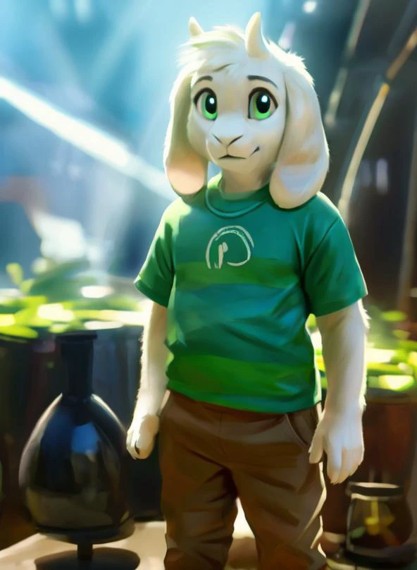 (( <lora:asriel-30:0.3>, <lora:asriel-20:0.2>, <lora:storyshiftAsriel_10:0.2>)), (green t-shirt in yellow stripes, brown pants), realistic, hyper real, photography, fluffy, soft lighting ,(fluffy fur:1.1), realistic lighting, high quality, detailed face, ray traced, masterpiece, global illumination, photograph, photorealism, hyper real, ( green round shine eyes), Asriel, anthro, goat, paws, full body, child, anthro, photoshoot, (cartoon, cute),