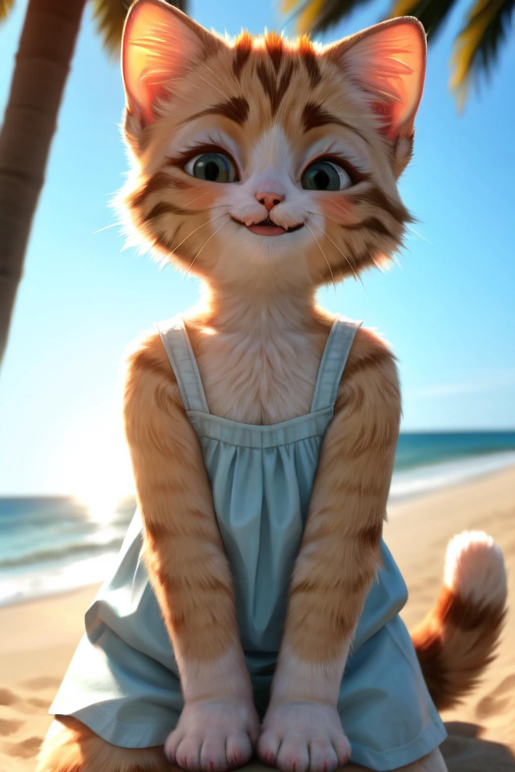 <lora:Furtastic_Detailer:0.7> <lora:unagedown_V20:-3>
Solo, female cat, anthropomorphic cat , cat , furry, , cute, shy, blush, on the beach, sunny weather, good weather, sun shining, happy face, playing