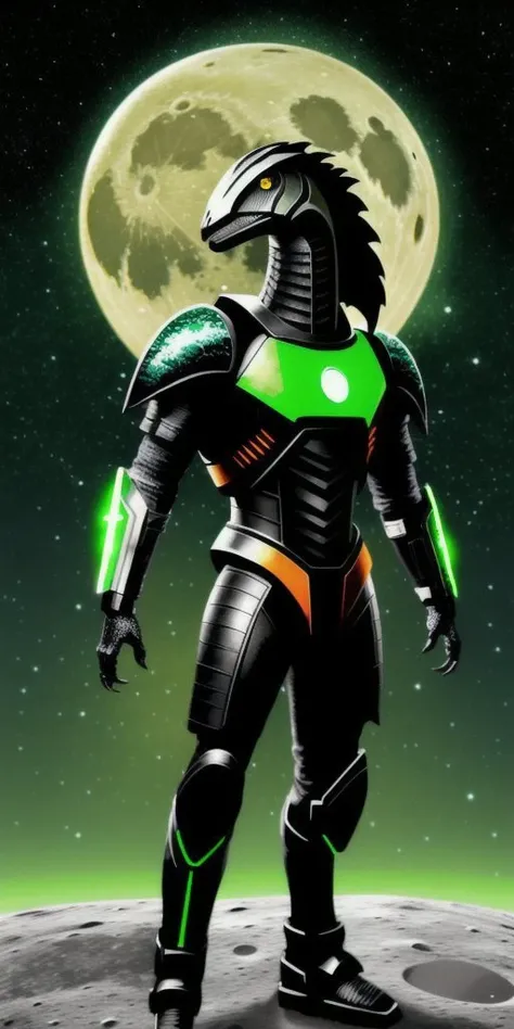 Velociraptor, antro, cyber knight, green skin, orange eye, dark-green stripes on body and head, black metal, red tongue, on moon space background, FANTASY, SCI FI, SCIENCE FICTION, ANDROID, WERECREATURE, fking_scifi_v2