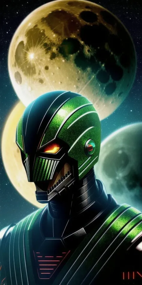 Velociraptor, antro, cyber knight, green skin, orange eye, dark-green stripes on body and head, black metal, red tongue, on moon space background, FANTASY, SCI FI, SCIENCE FICTION, ANDROID, WERECREATURE, fking_scifi_v2