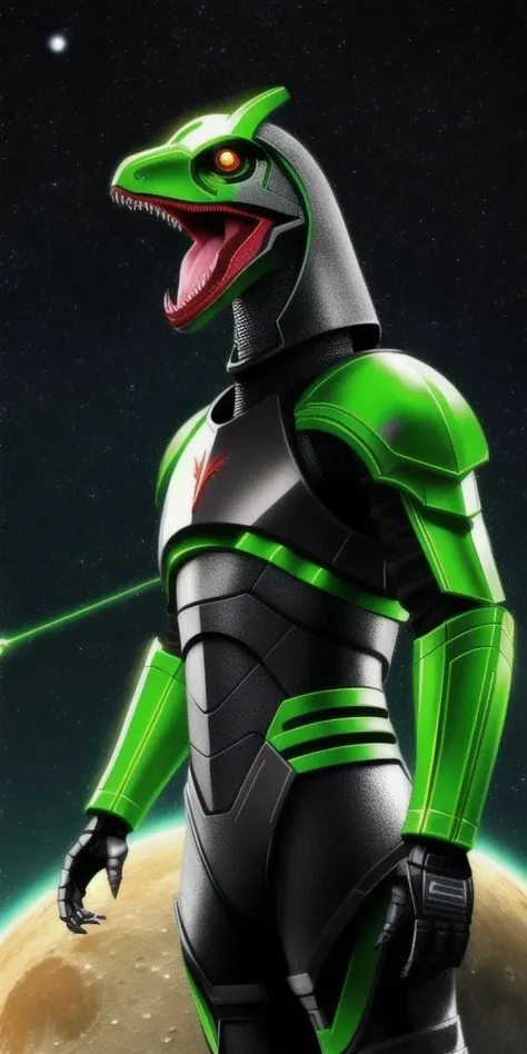 Velociraptor, antro, cyber knight, green skin, orange eye, dark-green stripes on body and head, black metal, red tongue, on moon space background, FANTASY, SCI FI, SCIENCE FICTION, ANDROID, WERECREATURE, fking_scifi_v2