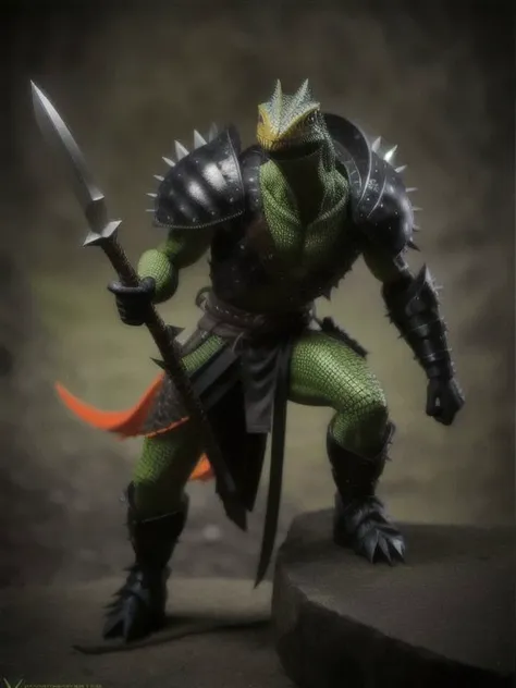 male, lizard, green scales body, orange eyes, spike, tomahawk, axe, thorns on the back of the head and neck, crocodile teeths, iguana head, lizard arms, velociraptor legs, crocodile tail, steel belt, loincloth, Misyurka steel helmet, leather jacket, silver steel bracers, leather pants, solo, orange fletch on head,