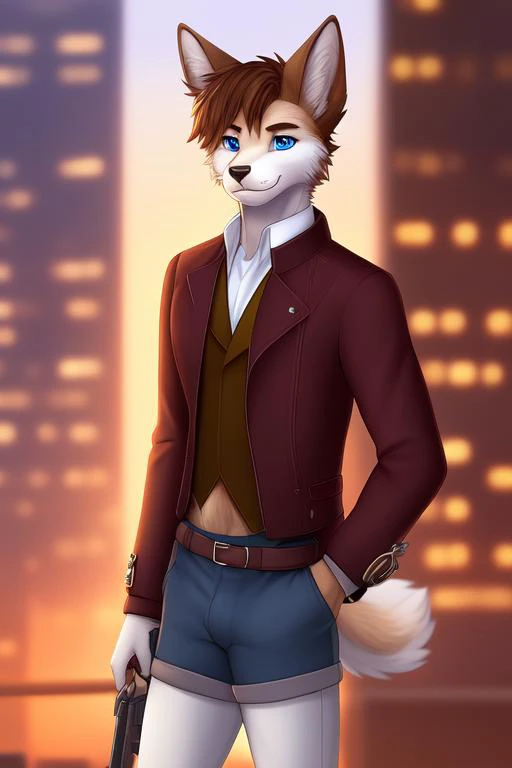 anthro, solo focus, mammal, city, hair, male, clothing, canine, canid, fur, blue eyes, detailed background, brown hair, topwear, cityscape, canis, white body, fangs, short hair, hi res, white fur, glistening, science fiction, clothed, sky, long potrait, clothed