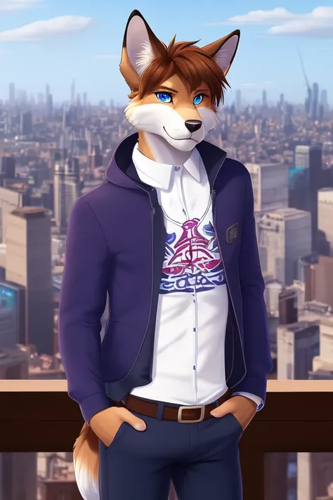 anthro, solo focus, mammal, city, hair, male, clothing, canine, canid, fur, blue eyes, detailed background, brown hair, topwear, cityscape, canis, white body, fangs, short hair, hi res, white fur, glistening, science fiction, clothed, sky, long potrait, clothed