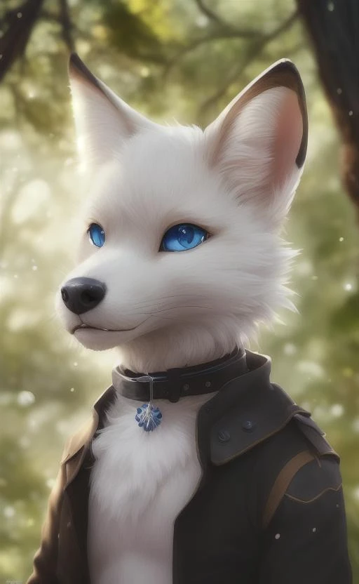 , mammal, canid, canine, clothing, white body, blue eyes, fur, ambiguous gender, plant, white fur, black nose, outside, anthro, canis, tree, fox, inner ear fluff, whiskers, clothed, hi res, solo, tuft, young, detailed background, looking at viewer, collar, standing, flower