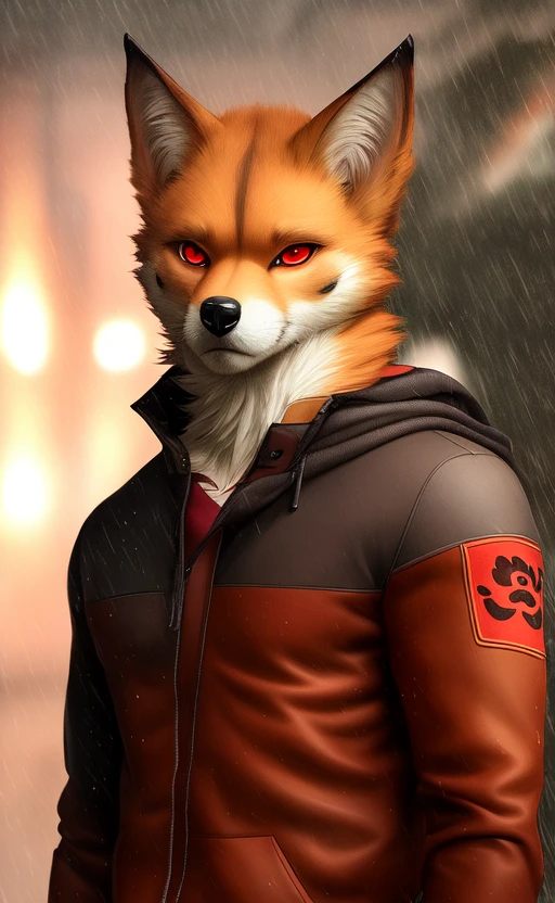 , mammal, solo, clothing, red eyes, raining, anthro, male, clothed, portrait, hi res, canine, fur, canid, canis, topwear, brown body, realistic