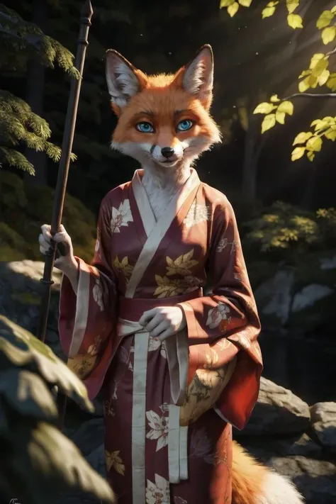 , mammal, japanese clothing, east asian clothing, asian clothing, canid, anthro, fur, canine, clothing, solo, orange fur, orange body, fox, blue eyes, plant, white body, hi res, outside, white fur, tree, clothed, bottomwear, topwear, detailed background, leaf, kimono, robe, black nose, miko outfit, standing, shirt, weapon, looking at viewer, ambiguous gender, front view, nature, fingers