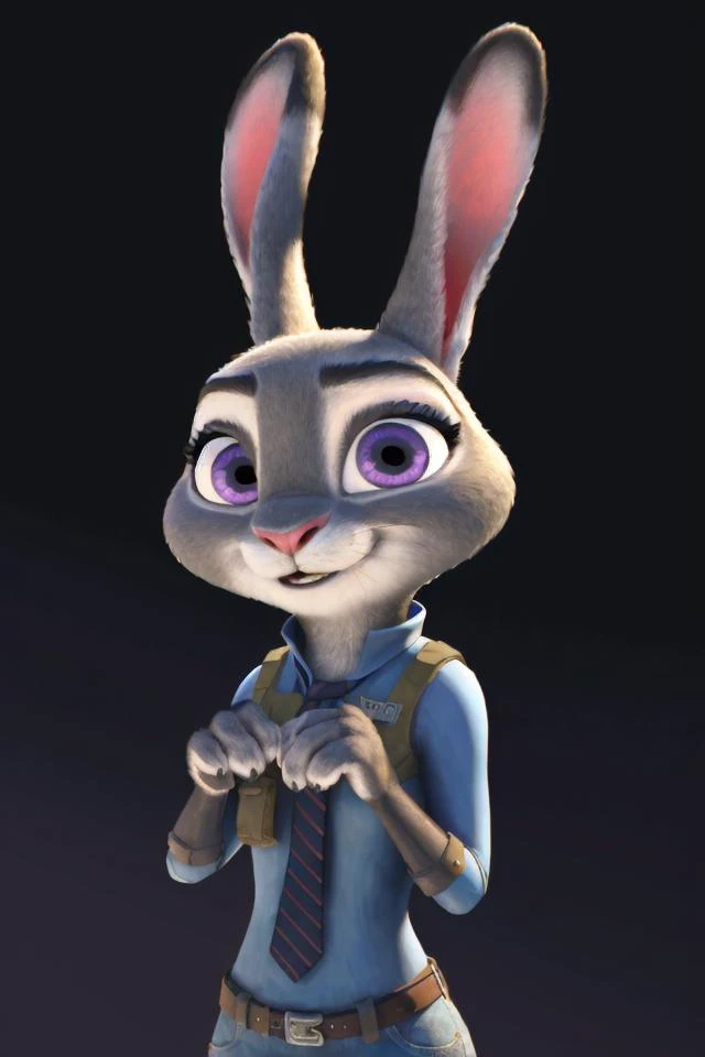 zootopia, disney, judy hopps, anthro, mammal, solo, lagomorph, leporid, rabbit, female, hi res, clothing, clothed, simple background, fur, looking at viewer, multicolored ears, grey fur, purple eyes