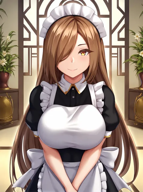 score_9,
<lora:yua_respati_v1_unpruned:1>, 
large breasts, 
maid, smile, light blush, 
long hair, brown hair, amber eyes, hair over one eye, 
cowboy shot, looking at viewer, arms in front, v arms, 
intricate, detailed, epic, 
indoors, 
rating_safe,
high resolution, Masterpiece, detailed