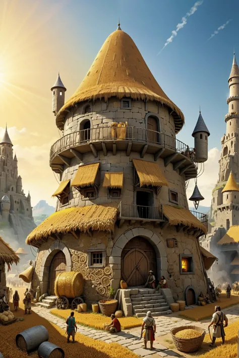 (by carlos kafu bazan:1.2), prehistoric city dwellers gathering and storing grains for the winter, (style of turret theme:1.3), (style of machine:1.3), (style of space:1.2), (style of android:1.1) (Sunshine rays:1.2), blind, (ultra detailed, masterpiece, best quality, intricate details:1.4)
