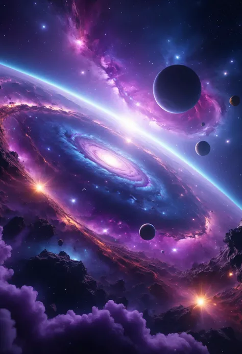 close up universe, intricate details, highly detailed, unreal engine, Enchanted, dreamy universe, nebulae. vivid colors, perfect 8k photography, photography style cinematographic, Mysterious purple, artificial lights.