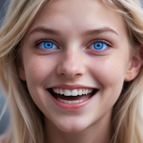 Extreme close up shot of an 18 yo swedish woman with violet-blue eyes, focus on eyes, highly detailed skin with hair,vellus, laughing