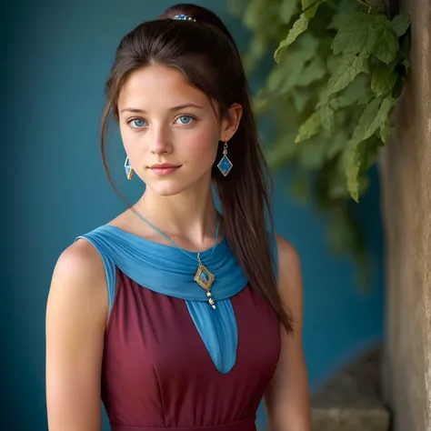 Hasselblad Award Winner, a sweet 20 yrs british girl gently looking to the camera, buff skin, delicate face ,long dark ponytail chocolate hair, expressive azure eyes, jewelry, burgundy summer dress, eclectic, harmonious, sublime