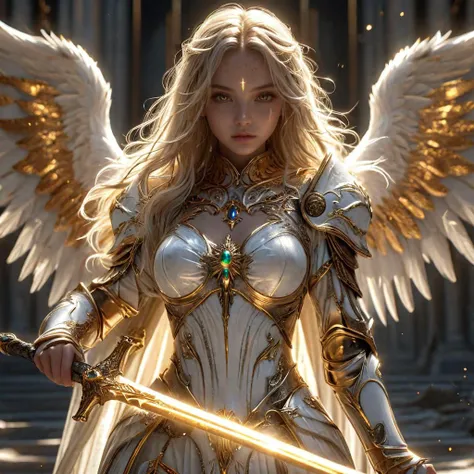 1beautiful angel girl,organic wires,detailed skin,metal skin,realistic,intense shadows,darkness,sun,sparks,bra,bracelet,white skin,(golden very long hair:1.5),sweet,<lora:FantasyKnightsHKStyle:0.8>,HKStyle,<lora:add-detail-xl:1>,<lora:DetailedEyes_V3:1>,glowing pupils(gold:1.5),[gold:cross:ivory],angel,palce,lens_flare,background light,((wings(metal, blades))),sword(stick in ground, scattered),all_fours,, (masterpiece),(best quality), wallpaper, extreme detail