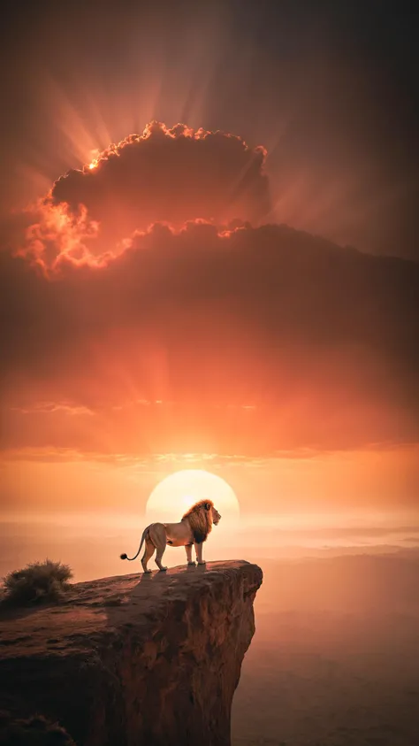 A lion standing on top of a cliff with the sun setting in the ...