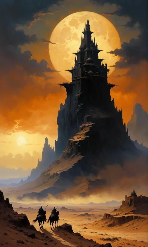 landscape, Fantasy art, illustration, painting by Gerald Brom, black mountains, painting, high resolution, 8k, beautiful clouds, painting in style of Gerald Brom, Dark Sun setting, fictional, post-apocalyptic desert world, metaplot, influential art work, dark themes, feudalistic backdrops, pseudo-medieval contemporaries, dark fantasy, Dying Earth subgenre, ravaged desert world<lora:xl_more_art-full_v1:0.3>