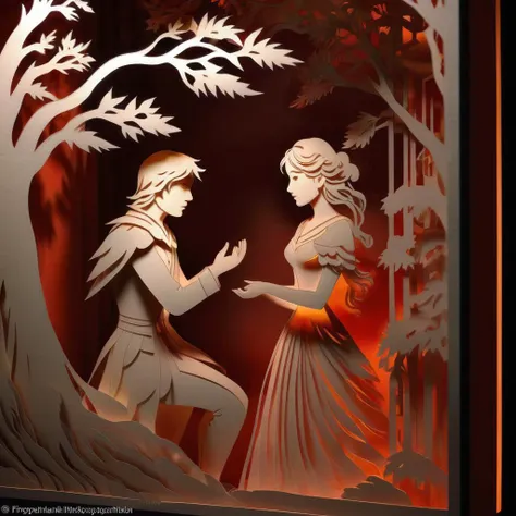 Photorealistic portrait of <lora:KIRIGAMI:1>KIRIGAMI - Kirie. Kirigami. fantasy, romance, story, told in layered Papercutting. Shadowbox. Layered, Fine details. Professional art. High production value. Augmented projection mapped lighting showing lifelike microscopic details. laser etched detail. Story telling craft.
