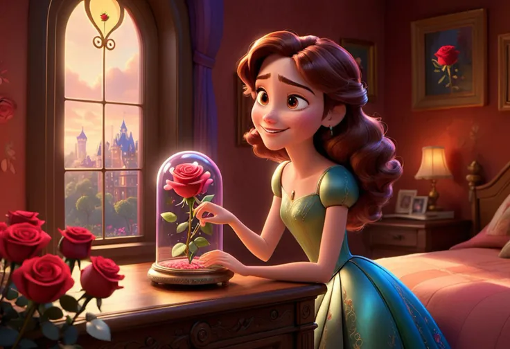 Envision a heartwarming scene straight out of a Pixar animation, a 32k UHD photo that has extremely high details, In a cozy, softly-lit tower room, adorned with whimsical trinkets and glowing with the warm hues of sunset filtering through the window, a young woman gazes dreamily at a vibrant red rose. The rose, a gift from the king's brave and charming son, glimmers with a magical sheen, each petal rendered in Pixar's signature style - vivid, lifelike, yet imbued with a touch of fantasy. The woman, designed with Pixar's distinctive blend of realism and caricature, has expressive eyes filled with hope and affection. As she tenderly touches the rose, her face lights up with an animated smile, reflecting her longing and the sweet memory of their encounter at the ball. The scene is filled with rich, saturated colors and soft lighting, creating an ambiance of romantic anticipation, while the intricate details of the room and the rose showcase Pixar's mastery in crafting visually stunning and emotionally captivating narratives.
