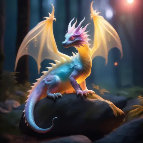 photo of semi translucent fairy dragon reptile hybrid sitting on a rock in a dark forest during sunrise
