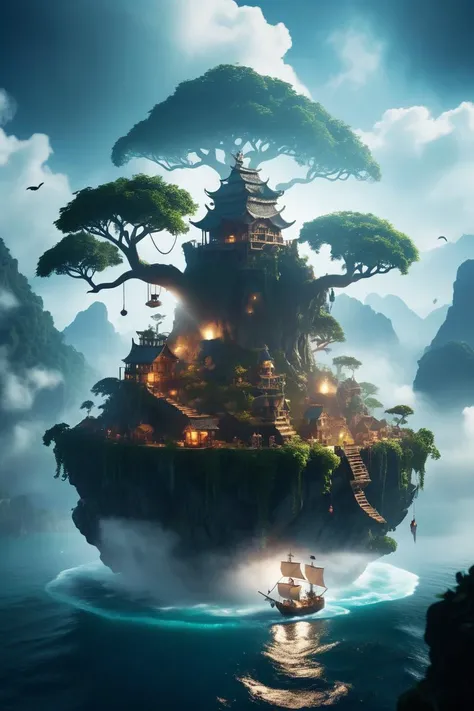 cinematic photo A mythical, floating island said to hold the ultimate treasure, guarded by a mythical creature and surrounded by an impenetrable mist, tempting brave pirates into a perilous quest . 35mm photograph, film, bokeh, professional, shot by tierney gearon, 4k, highly detailed