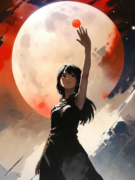 Exoplanet anime, young woman holds out hand up to the star sky with a big red moon, symmetric conposition, from below, low angle shot <lora:comiclo_xl:1>  <lora:add-detail-xl:1> <lora:AshleyWoodArtAIcc:1> AshleyWoodArtAI, Exoplanet, often for alien worlds, distant stars, or space discovery.