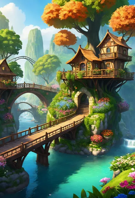 a beautiful nature civilization, fancy, flowers, bridges, nature city, people, tree houses, trending on artstation, behance, deviantart