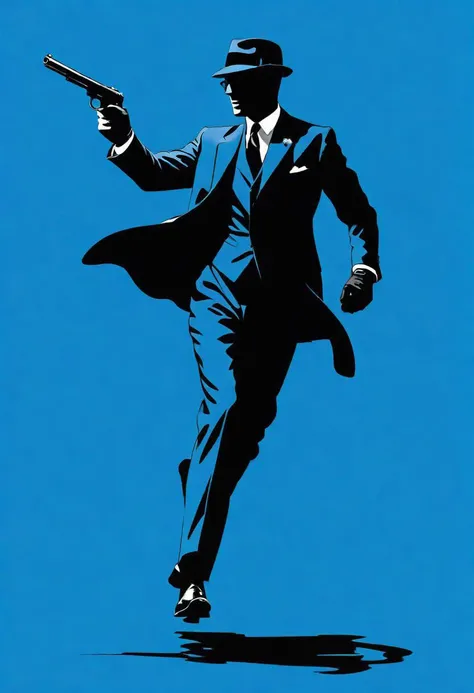 creates in black shadow and blue background a minimalist full-length stencil illustration of an elegant British man from the 50s with optical glasses and a bowler hat or bowler hat, dressed in a suit and gloves with a Walther PPK pistol with a silencer, running captured in movement in heroic pose.
two colors, blue background.
Only 2 colors, plain blue background and man's shadow.