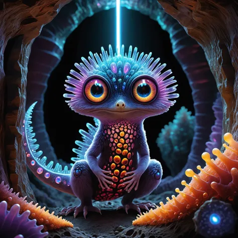 <lora:add-detail-xl:2.0>, famous artwork (by steve prescott:1.1), detailed expressive eyes, fantasy style, deep in the crystalline caverns of planet gullible secundus roams a silicon-based life form, the long-tailed eyejib, shown here as it is emerging from its tunnel lair in the vibrant, gemstone-studded walls of the underground shnorbsabbler, this creature is covered in crystalline quibberflitz arranged in colorful fractal patterns, reflecting the iridescent glow of the bioluminescent fungi around it, one should watch out for its dangerous punglyflorbed tail, masterpiece, best quality, ultra detailed