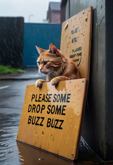 cat, board,text, big board with text,("Please drop some buzz":1.4), outdoors, poor, wall, (wet fur:1.1),(sad, tears from eyes), (crying:1.5), street, by wall holding board on his paws, (from above), low angle, 8k, ultra detailed, cinematic, rain, close-up