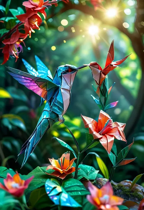 cinematic shot of beautiful origami hummingbird feeding on exotic flower in lush forest, iridescent plumage, vibrant colors, lens flare, bokeh, high resolution