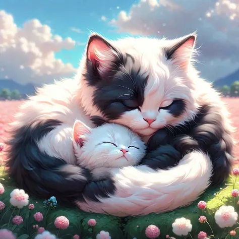 (2 Cute fluffy female kittens sleeping peacefully in a flower field, curled up together like ying-yang), art by atey ghailan, painterly anime style at pixiv, art by kantoku, in art style of redjuice/necmi/rella/tiv pixiv collab, your name anime art style, masterpiece digital painting, exquisite lighting and composition, inspired by wlop art style, 8k, sharp, very detailed, high resolution, illustration